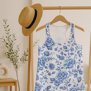 Blue Toile Dress French Toile de Jouy Floral Racerback Dress, Perfect Dress, Activewear, Dress for Active Women, Gift for Her