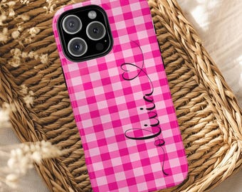 Personalized Pink Gingham Phone Case Valentine’s Day Coquette MagSafe iPhone 17 Pro Max Case