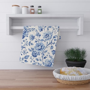 Toile de Jouy Tea Towel, Chinoiserie Vintage Style, French Blue Floral Roses Kitchen Towels, Dish Towel, Housewarming Gift, Her Hostess Gift
