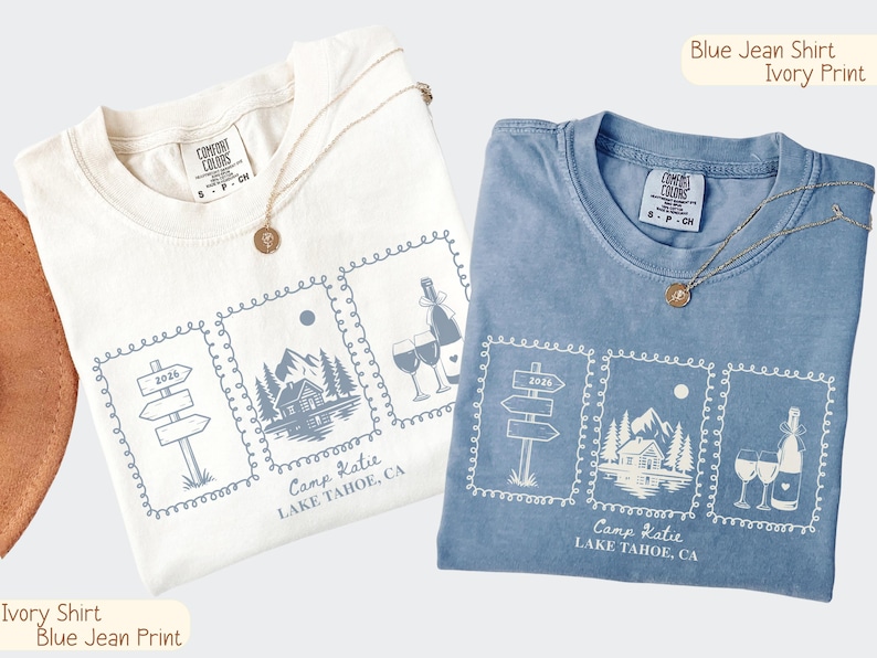 Custom Camp Bachelorette Shirt, Lake Bach Trip Tee, Mountain Bride Camping Shirts, Personalized Bridal Party, Hiking Bach Crew Gift Set Unisex Blue Jean