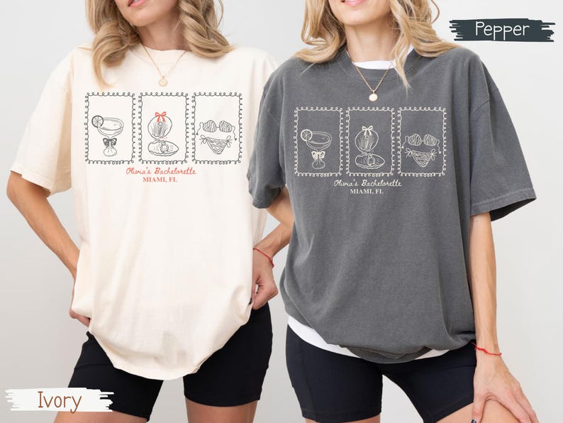 Custom bachelorette beach matching shirts with coastal doodle illustrations, including cocktails, shells, oysters, and bikinis. Personalized bride squad tees for beach trips, bridesmaids, and bach party vacations.