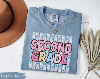 Personalized Second Grade Teacher Shirt Custom 2nd Grade Back to School Tee Floral Stripe Comfort Colors Team Appreciation Gift Youth Tshirt