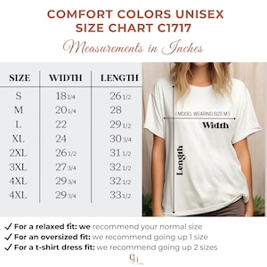 May include: Comfort Colors unisex size chart C1717, with measurements in inches. The chart includes sizes S to 4XL, with corresponding width and length measurements. A model wearing size M is shown. The chart also provides fit recommendations.
