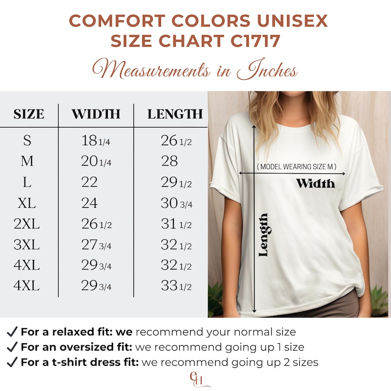 May include: Comfort Colors unisex size chart C1717, with measurements in inches. The chart includes sizes S to 4XL, with corresponding width and length measurements. A model wearing size M is shown. The chart also provides fit recommendations.