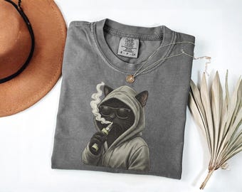 Comfort Colors® Funny Black Cat Smoking Shirt, Vintage Grunge Meme Graphic Tee, Retro Cat Lover Gift, Unisex Streetwear Aesthetic
