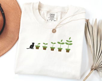 Comfort Colors® Black Cat And Plants Shirt, Minimalist Gardener Tee, Funny Plant Lover Gift, Botanical Cat Mom Top, Crazy Plant Lady Shirt