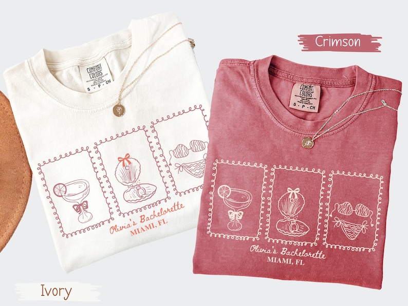 Custom bachelorette beach matching shirts with coastal doodle illustrations, including cocktails, shells, oysters, and bikinis. Personalized bride squad tees for beach trips, bridesmaids, and bach party vacations.