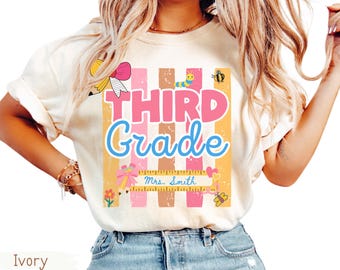 Custom Name Third Grade Teacher Shirt, Personalized 3 Grade Comfort Colors Tee, Colorful Striped Level, Back to School Team Gift, First Day
