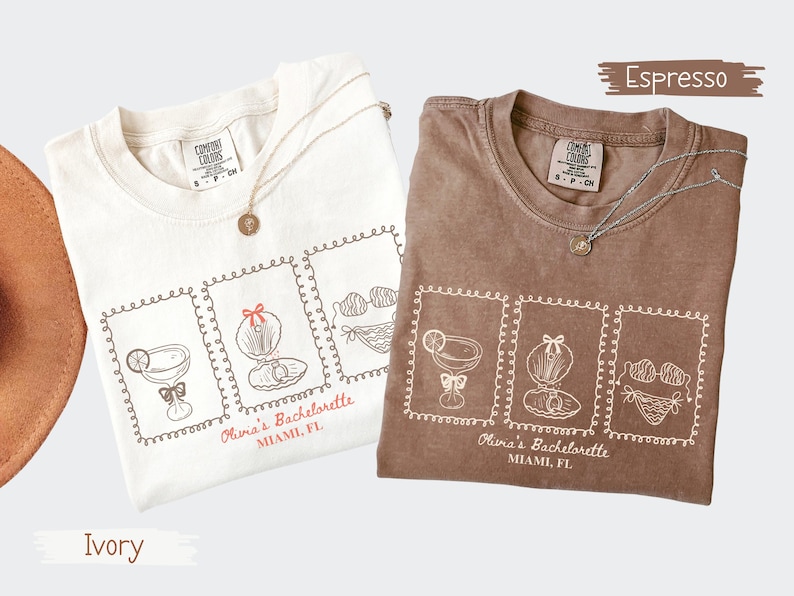 Custom bachelorette beach matching shirts with coastal doodle illustrations, including cocktails, shells, oysters, and bikinis. Personalized bride squad tees for beach trips, bridesmaids, and bach party vacations.