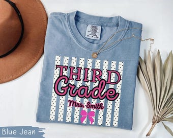 Third Grade Teacher Shirt, Custom Name 3rd Tee, Personalized Level Top, Polka Dot Stripes, Back to School Team, First Day, Gift Matching