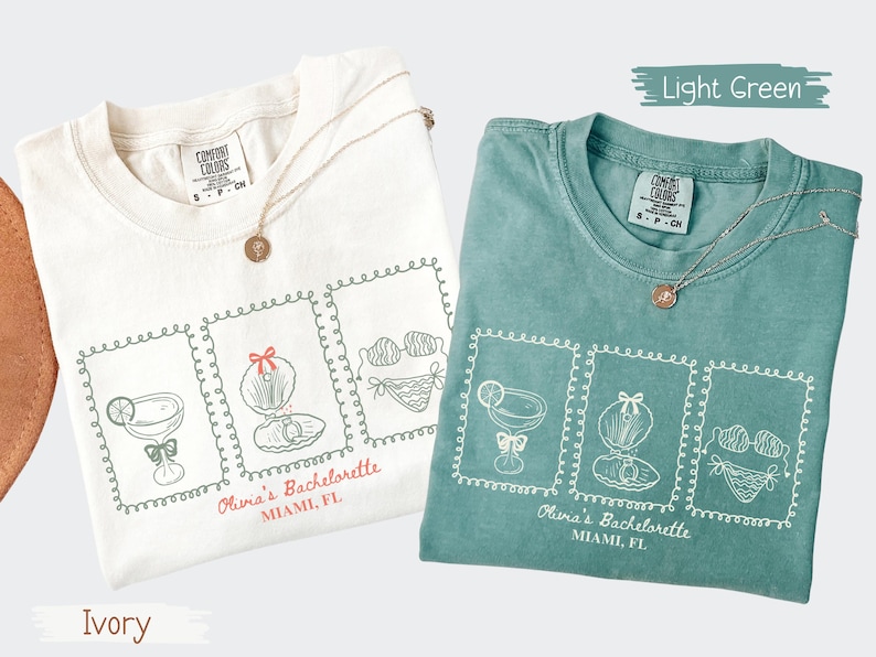 Custom bachelorette beach matching shirts with coastal doodle illustrations, including cocktails, shells, oysters, and bikinis. Personalized bride squad tees for beach trips, bridesmaids, and bach party vacations.
