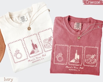 Chemises personnalisées pour EVJF, T-shirt Vino Before Vows, Voyage personnalisé pour filles dans un vignoble, Cadeau couleurs confort Napa Wine Club