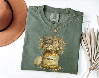 Comfort Colors® Vintage Serotonin Cat Shirt with Kittens in a Jar, Cat Lover for Women, Cat Mom Tee, Cozy Feline Therapy TShirt, Funny Gift