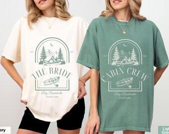 Chemise EVJF personnalisée camp, EVJF sur le thème du camp, Chemises EVJF avec nom personnalisé emplacement, T-shirts EVJF lac sur le thème du camp