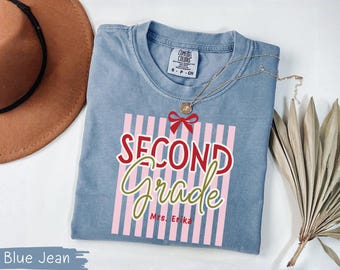 Personalized Second Grade Shirt, Custom Name & Grade Tee, 2nd Matching Back to School, Teacher Team, Striped Bow Design, Appreciation Gift