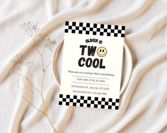 May include: A black and white checkered birthday invitation with the text "Oliver is Two Cool" in black and white text with a yellow smiley face. The invitation includes the date and time of the party, the address, and an RSVP number.