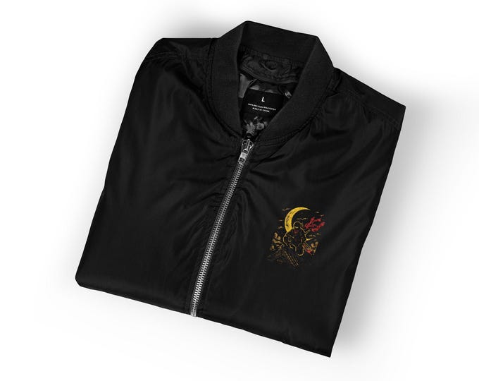 Embroidered Ninja Recycled Bomber Jacket, Eco-Friendly Anime Apparel, Upcycled Clothing Gift, Sustainable Fashion Outerwear, Unique Handmade