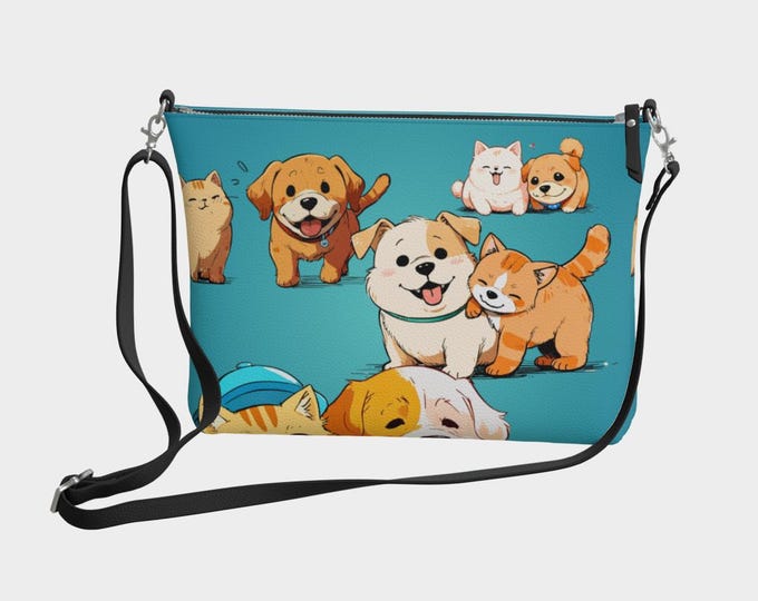 Dog and Cat chill time, cute animals Vegan Leather Crossbody Purse