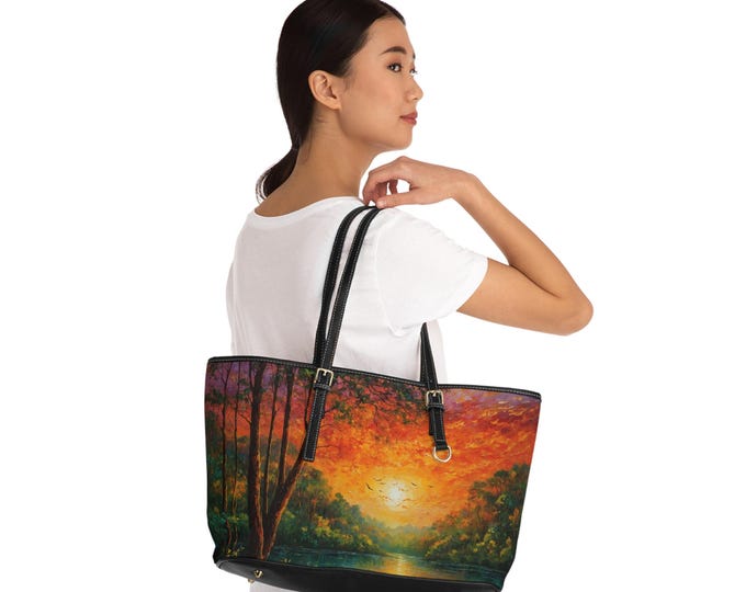 Sunset Landscape PU Leather Shoulder Bag, Artistic Tote, Nature Lover Gift, Stylish Handbag, Eco-Friendly Fashion