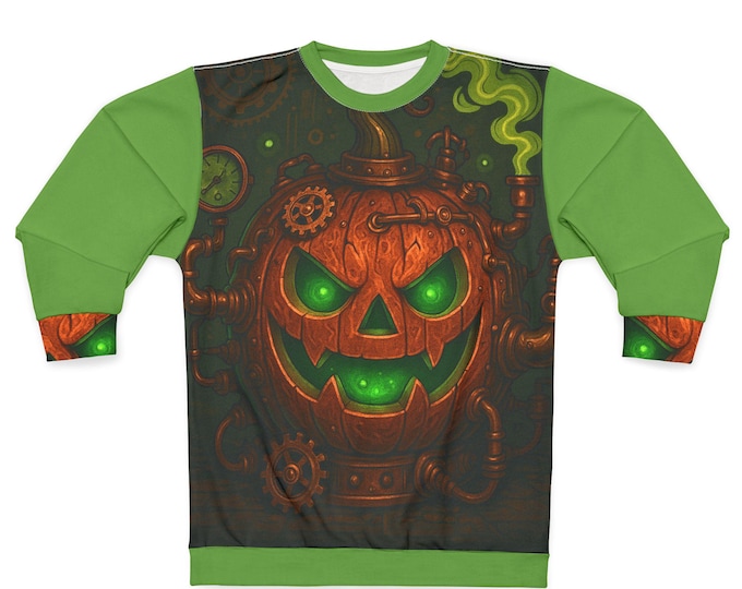 Spooky Pumpkin Steam-Punk Sweatshirt, Halloween Apparel, Geeky Gift, Unisex Cozy Wear, Unique Fall Fashion, Perfect for Autumn Celebrations