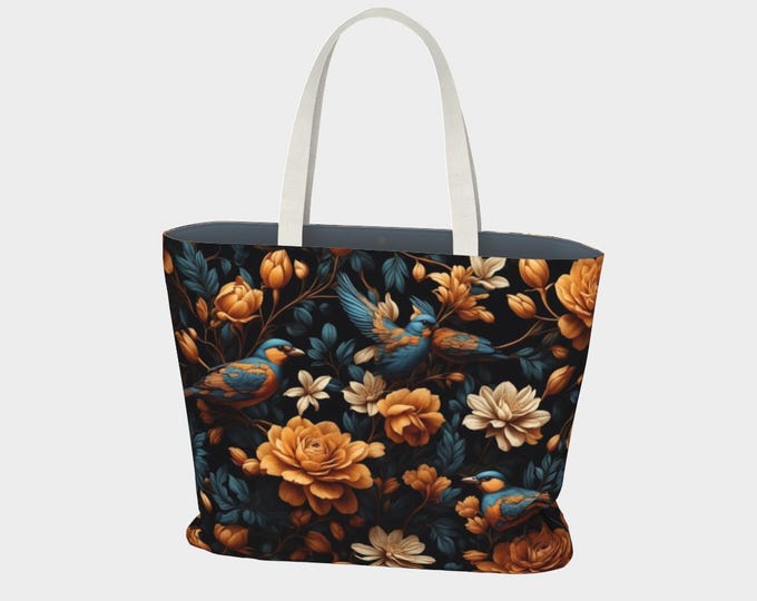 Flowers in Gold Cotton or Poly Oversized tote bag