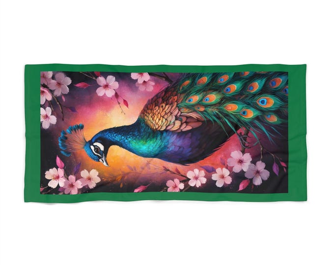 Vibrant Peacock Beach Towel - Tropical Art Towel, Summer Essential, Poolside Accessory, Gift for Beach Lovers, Outdoor Adventure