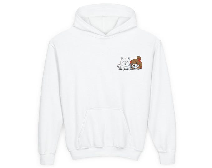 Adorable Embroidered Cat Dog Puppy Youth Hoodie, Cute Gift for Kids, Perfect for Birthdays, Cozy Sweatshirt for Casual Wear