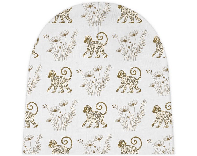 Whimsical Monkey Baby Beanie, Cute Infant Hat, Baby Shower Gift, Nursery Accessory, Floral Print Beanie, Everyday Wear Cap