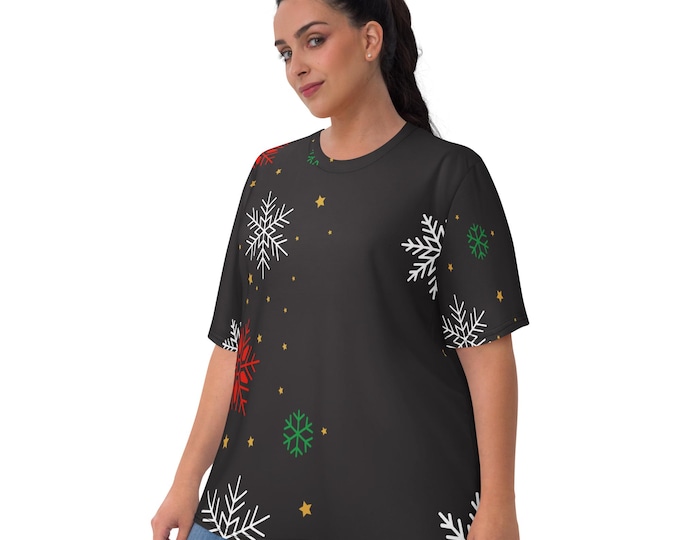 Christmas Snowflake T-Shirt, Black Holiday Tee, Unisex Winter Shirt, Festive All Over Print Top