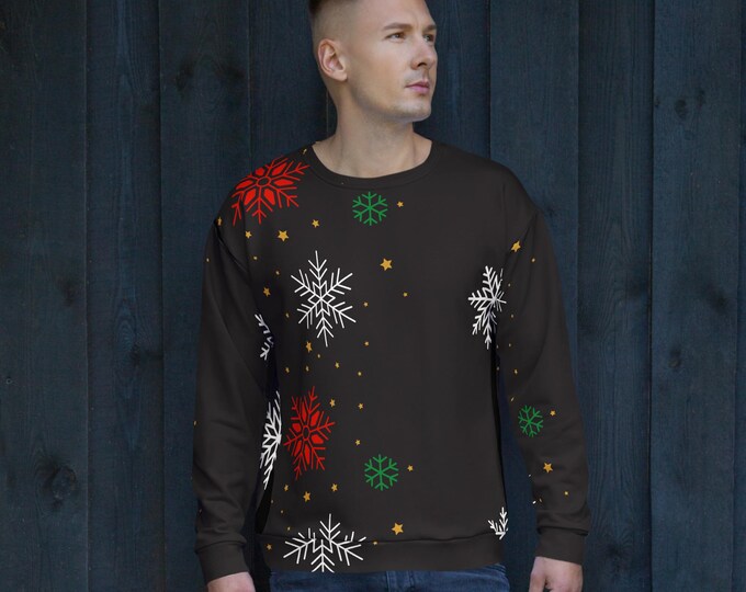 Christmas Snowflake Sweatshirt, Black Holiday Pullover, Unisex Winter Sweater, Cozy Fleece All Over Print