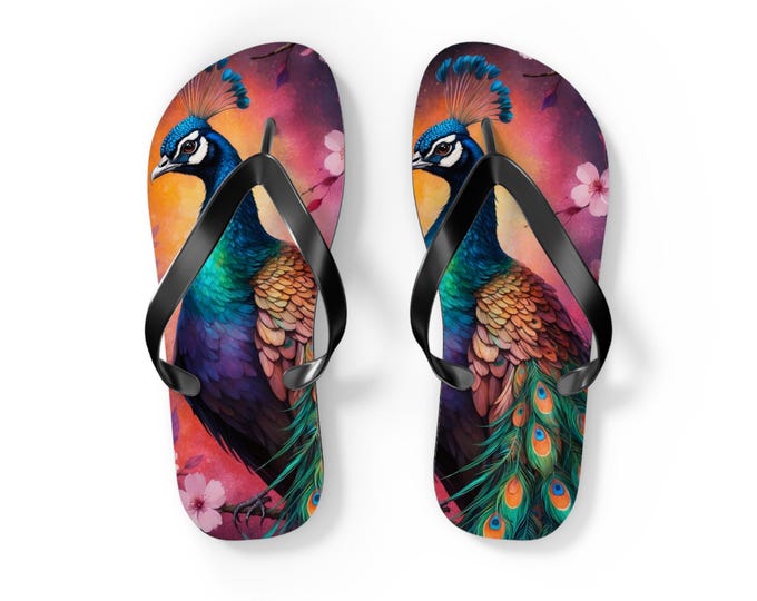 Vibrant Peacock Flip Flops, Colorful Summer Footwear, Beach Accessories, Vacation Must-Have, Unique Gift for Her