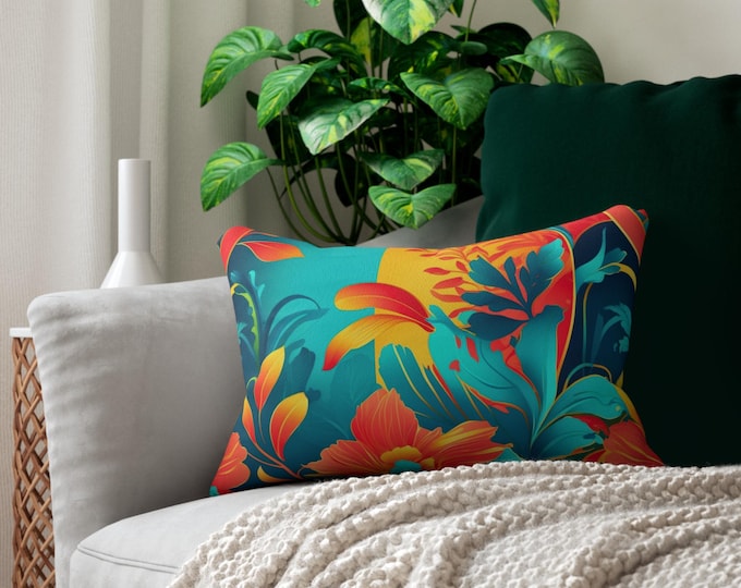 Tropical Floral Lumbar Pillow, Vibrant Decorative Cushion, Boho Home Decor, Colorful Throw Pillow, Gift for Housewarming or Summer