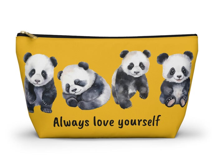 Personalized Message Cheerful Panda Accessory Pouch -  Cute Makeup Bag, Travel Organizer, Gift for Animal Lovers, Fun Storage Case
