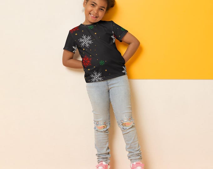 Kids Christmas Snowflake T-Shirt, Holiday Tee, Boys Girls Winter Shirt, Festive Black Kids Top