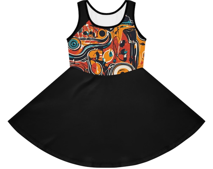 Colorful Music-Themed Girls' Sleeveless Sundress | Playful Summer Dress for Girls | Perfect for Parties, Birthdays, Festivals,  Fun Outings,