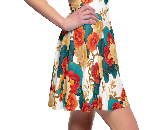 Red Asian Flowers Womens Skater Skirt, Bohemian Summer Fashion, Casual Everyday Wear, Vintage Inspired, Womens Floral Print Skirt
