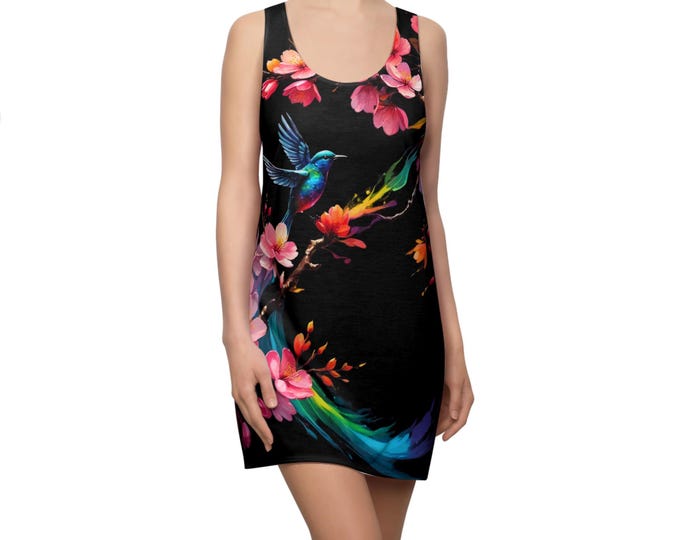 Vibrant Floral Hummingbird Racerback Dress, Boho Summer Dress, Beach Wear, Gift for Her, Casual Daily Dress, Festival Outfit