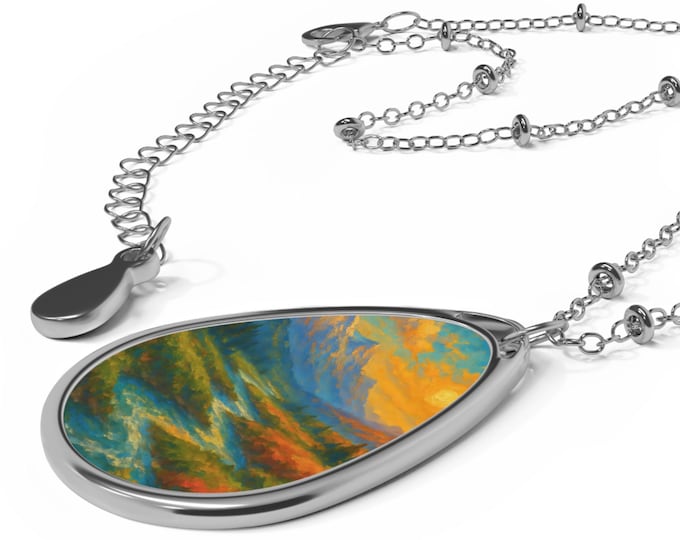 Nature Art Oval Necklace, Scenic Jewelry, Mountain Landscape Pendant, Gift for Adventurers, Outdoor Lovers, Gift for her