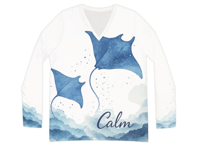 Calm Ocean Breeze Long Sleeve V-neck Shirt, Relaxing Fashion Top, Stylish Loungewear, Gifts for Her, Beach Vibes Apparel