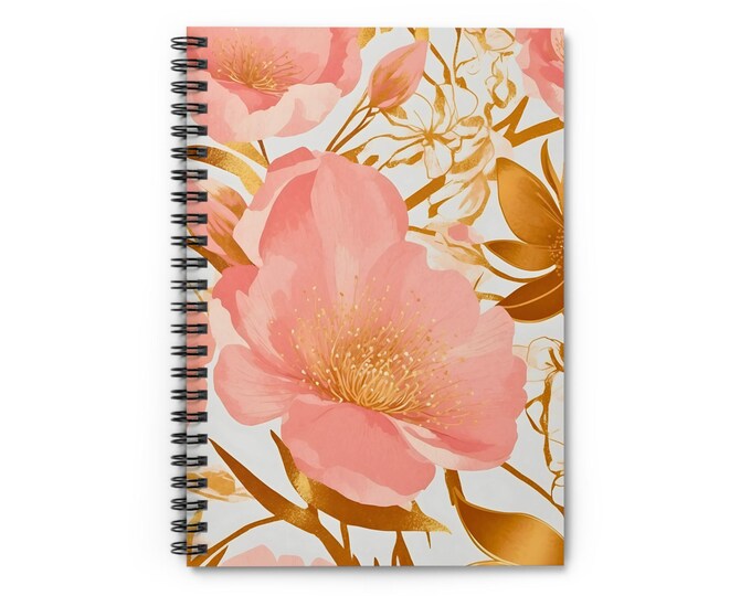 Floral Spiral Notebook with Gold Accents, Cute Stationery for Journaling, Gift for Students, Writing, Floral Lover's Diary
