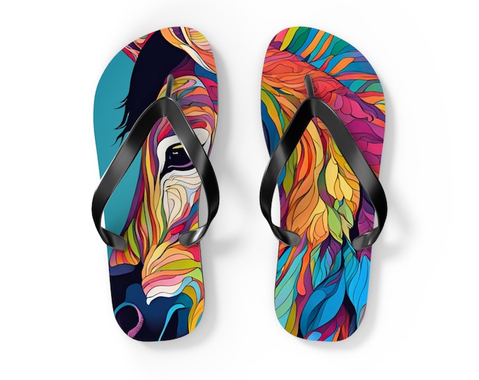 Colorful Horse Design Flip Flops, Summer Beach Footwear, Bohemian Style Sandals, Perfect Gift for Animal Lovers, Vibrant Vacation Accessory