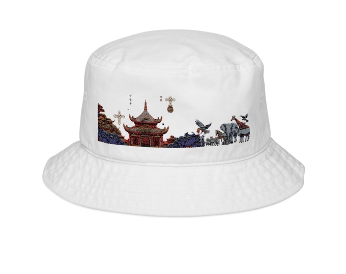 Embroidered Bucket Hat with Artistic Asian Animal Kingdom Landscape, Summer Hat for Beach, Travel Accessory, Festival Headwear, Unique Gift