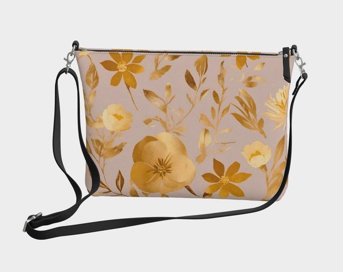 Golden Flowers Vegan Leather Crossbody Purse