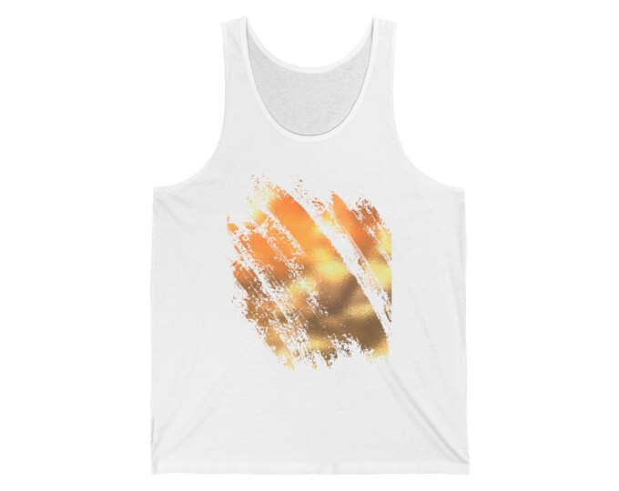 Golden Vibes Unisex Jersey Tank, Casual Summer Wear, Beach Day Tank Top, Relaxed Fit Tank, Fun Graphic Apparel