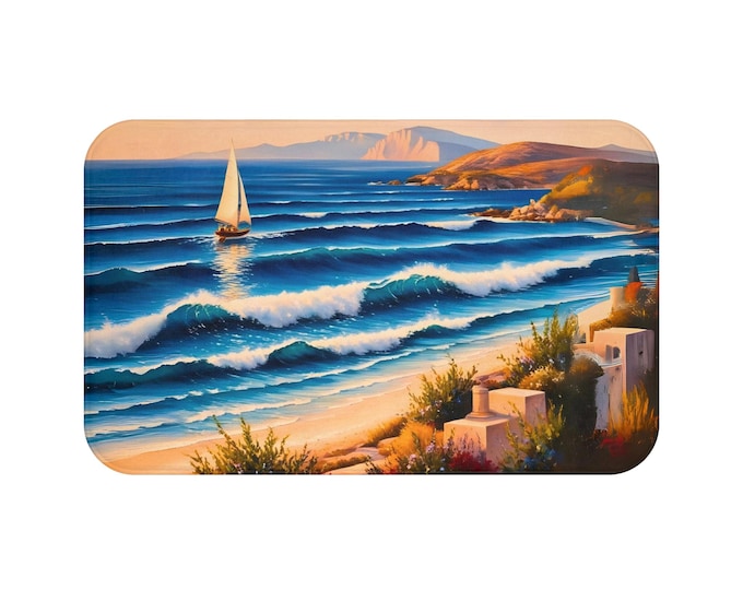 Coastal Waves Bath Mat, Beach Decor, Nautical Home Accents, Relaxing Bathroom Accessory, Ocean-Inspired Gift