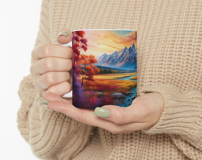 Vivid Peaks Ceramic Mug, Mountain Water Design, Nature Cup, Gift for Nature Lovers, Unique Coffee Tea Mug, Scenic Tranquility