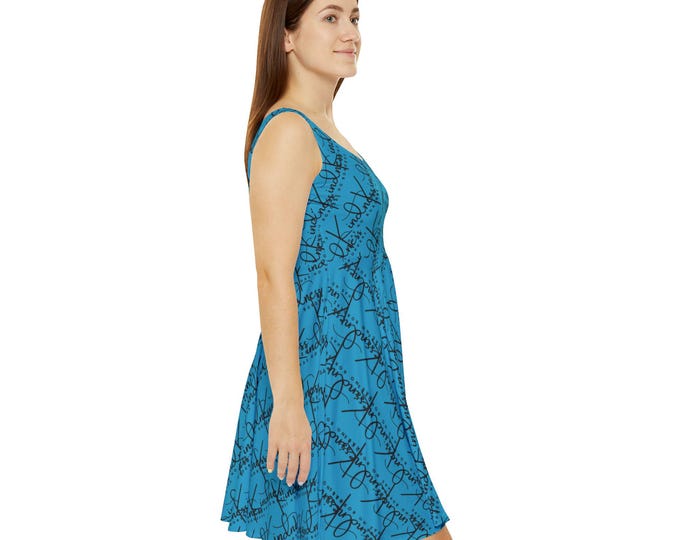 Chic Blue Words Skater Dress, Fun Summer Dress, Casual Everyday Wear, Perfect for Parties, Festivals, and Vacations