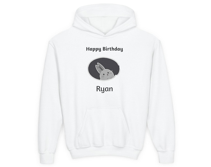Personalized Birthday Bunny Youth Hoodie, Cute Kids Sweatshirt, Custom Gift for Children, Unique Birthday Present, Animal Lover Apparel