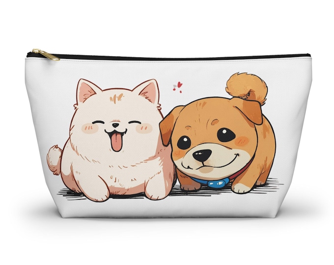 White Cute Dog Lover's Accessory Pouch, Adorable Pet Makeup Bag, Gift for Dog Owners, Zipper Pouch for Essentials, Fun Animal Design