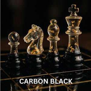 Carbon Black Chess Pieces - Customizable - Chess Pieces with Chessboard, Full Set 32 Pieces or 16, Epoxy Resin Chess Pieces, Luxury, Gifts